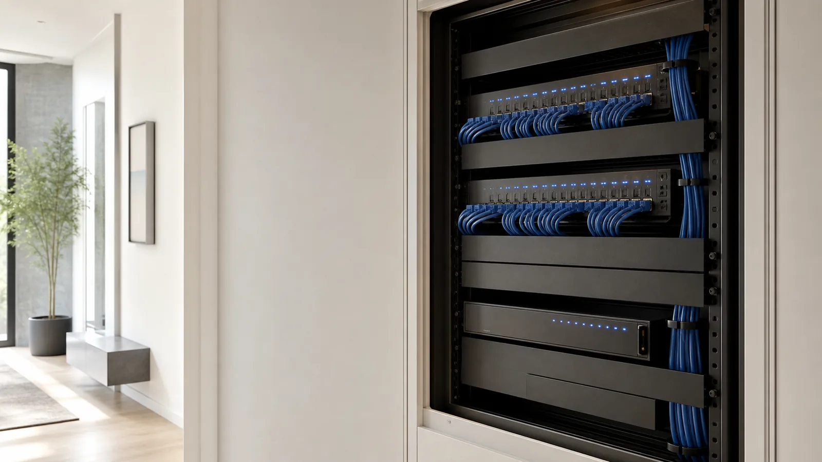 A wall-mounted network rack with two patch panels and dressed blue Cat6 cabling, installed in a finished hallway